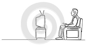 single line drawing of senior man watching TV show on old tube TV set