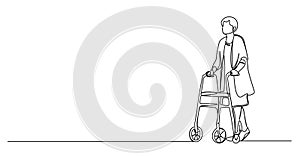 single line drawing of senior woman walking with a rollator