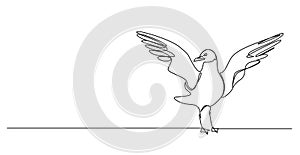 single line drawing of standing seagull, wings spread