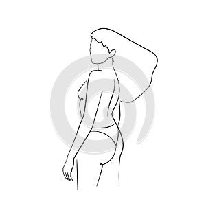 Single line drawing of a standing woman in underware from back. Isolated on white background.