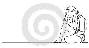 single line drawing of stressed woman sitting on floor holding her head