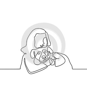 Single line drawing of a teenager girl with dog continuous one hand drawn desgin