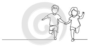 single line drawing of toddler girl and boy running hand in hand