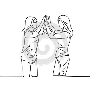 Single line drawing of two best friends girls reunite and giving high five gesture when meeting at the street. Friendship concept