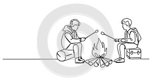 single line drawing of two boys roasting marshmallows over campfire