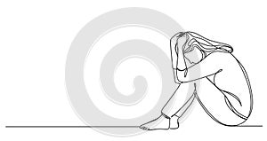 single line drawing of woman in sad mood sitting on floor