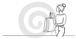 single line drawing of woman with shopping bag