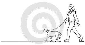 single line drawing of woman walking a dog