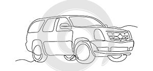 Single line drawing of 4x4 wheel drive tough car. Adventure offroad rally vehicle transportation concept. One continuous line draw