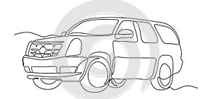 Single line drawing of 4x4 wheel drive tough jeep car. Adventure offroad rally vehicle transportation concept. One continuous line
