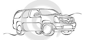 Single line drawing of 4x4 wheel drive tough jeep car. Adventure offroad rally vehicle transportation concept. One continuous line