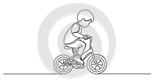 single line drawing of young boy on childrens bicycle