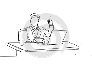 Single line drawing of young businessman sitting on chair in front of laptop and giving thumbs up gesture. Success business