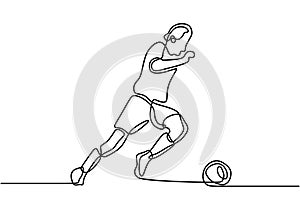 Single line drawing of young man playing football. Energetic soccer player kicking soccer ball. Character man football player