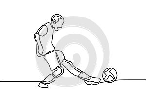 Single line drawing of young man playing football. Energetic soccer player kicking soccer ball. Character man football player