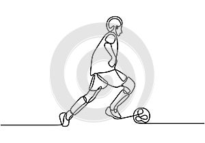 Single line drawing of young man playing football. Energetic soccer player kicking soccer ball. Character man football player