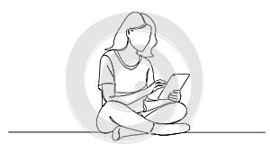 single line drawing of young woman sitting on floor using tablet computer