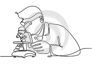 Single line vector illustration of a scientist using a microscope for research