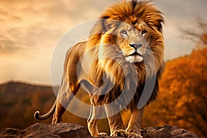 Single lion looking regal standing proudly on a small hill.