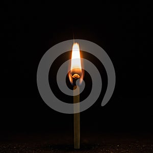 A single lit matchstick stands vertically against a dark background. The flame is