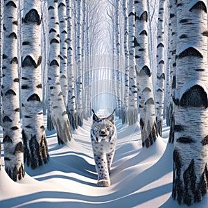 Single Lynx Wilderness Wintertime Birch Trees Snowy Pathway Forest Canada AI Generated