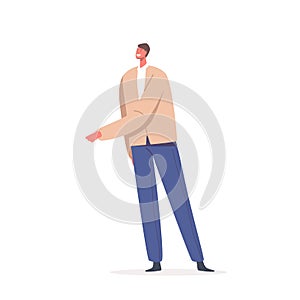 Single Male Character Wear Blazer and Blue Trousers Stretching Hand for Greeting on Shaking Isolated on White Background