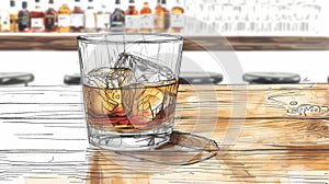 Single Malt Scotch Whisky in Glass with Ice Cubes on Rustic Wooden Table photo