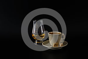 Single malt tasting glasses, single malt whisky in a glass and b