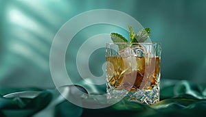 single malt whiskey in a glass and green mint liqueur, refreshing set of drinks, taste sensations photo