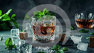 single malt whiskey in a glass and green mint liqueur, refreshing set of drinks, taste sensations photo