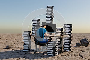 single man sitting at pc office workplace in desert environment with huge stacks of document binders workload stress burnout