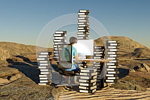 single man sitting at pc office workplace in desert environment with huge stacks of document binders workload stress burnout