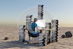 single man sitting at pc office workplace in desert environment with huge stacks of document binders workload stress burnout