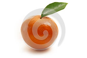 Single mandarin with leaf isolated against white