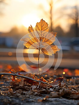 a single maple leaf sits on the ground in front of a sunset