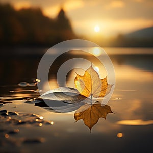 a single maple leaf sits on a rock in the water at sunset