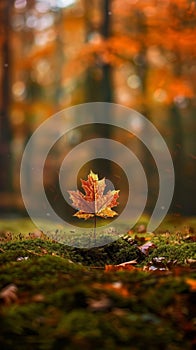 Single maple leaf standing on mossy forest floor during autumn