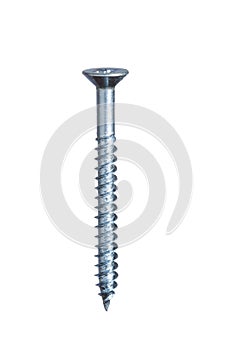 Single metal screw isolated on white, in upright position