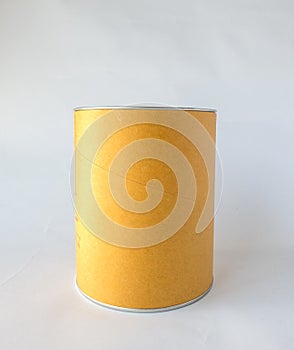Single Metal Tin Can with Blank Abstract Brown Recycle Paper Covered used as Template to input Text for Food Storage Product