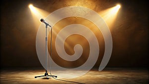 A single microphone on a stand illuminated by two spotlights on a dark stage ready for a performance. Generative AI