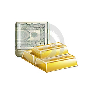 Single money stack folded with golden bars isolated