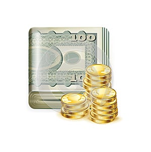 Single money stack folded with golden coins