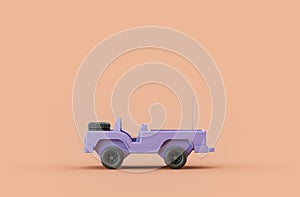 Single monochrome pruple color military jeep toy in single color yellow, orange background, 3d Rendering