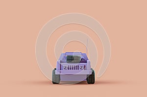 Single monochrome pruple color military jeep toy in single color yellow, orange background, 3d Rendering