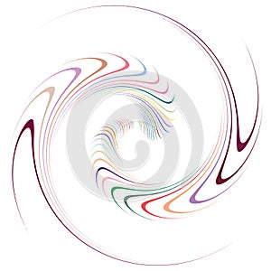 Single mottled, multi-color and colorful spiral, swirl, twirl element. Twisted cyclic, circular and radial, radiating whorl,