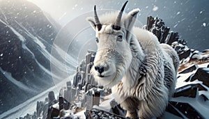 Single Mountain Goat Wintertime Wilderness Wildlife Snowy Rocky Mountains Canada AI Generated