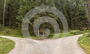 A single mountain road splits in two different directions. It`s photo