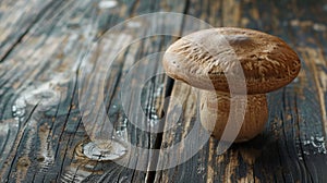 A single mushroom cap with a smooth almost glossy texture contrasted against a rough wooden surface. photo