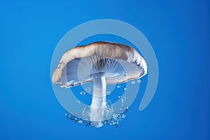 Single mushroom suspended in midair against a bright blue backdrop.