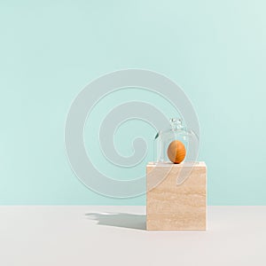 Single natural egg under a glass bell on a travertine marble pedestal. Surreal fragility and preciousness concept.